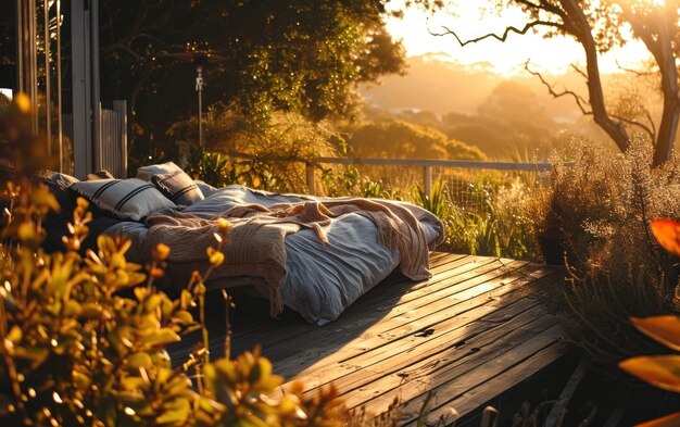 Photo un lit placé sur un pont en bois à l'extérieur baigné par la lumière du soleil du matin