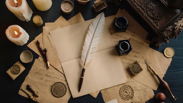 Photo un lit plat à l'ancienne avec des lettres et des accessoires d'écriture sur une table en bois sombre