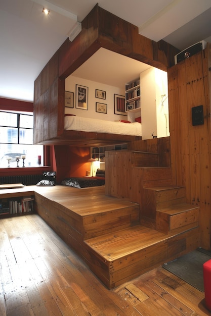 Photo lit de plate-forme en bois avec escalier et rangement en dessous