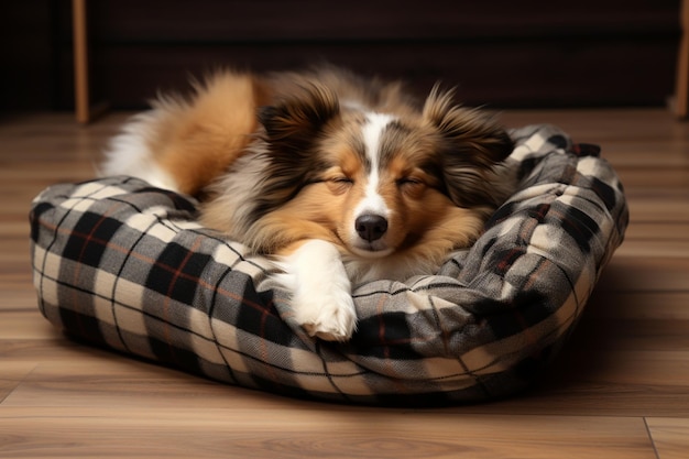 Lit pour animal de compagnie avec oreiller en peluche et couverture confortable sur bois génératif par Ai