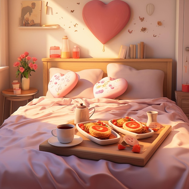 Lit pour couple en mode jour de la Saint-Valentin avec petit déjeuner café pain gâteau jus lumière du soleil