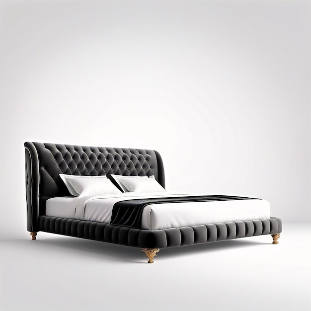 un lit avec un rembourrage en velours noir et des jambes en or