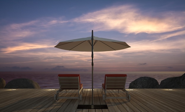 Lit de repos avec parasol sur terrasse en bois au crépuscule vue sur la mer, rendu 3D