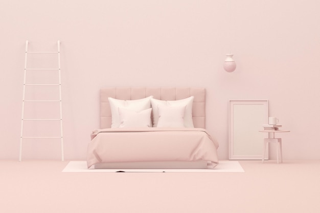 Lit rose et accessoires de chambre Fond clair avec espace de copie rendu 3D minimal