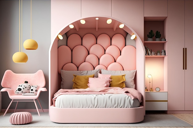 Lit rose avec table de chevet dans une chambre d'enfant moderne créée avec une IA générative