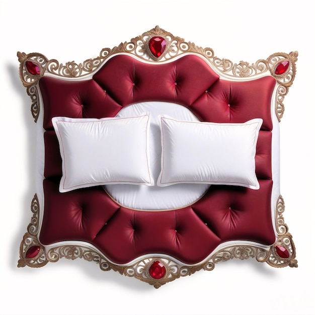 un lit rouge avec des oreillers et des oreillères dessus