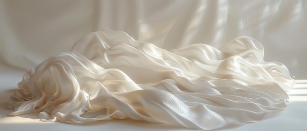 Le lit s'est froissé sur la surface, fond blanc avec effet d'onde, vagues sur le lit, bannière blanche avec des renflements, rendu 3D du lit froissé.