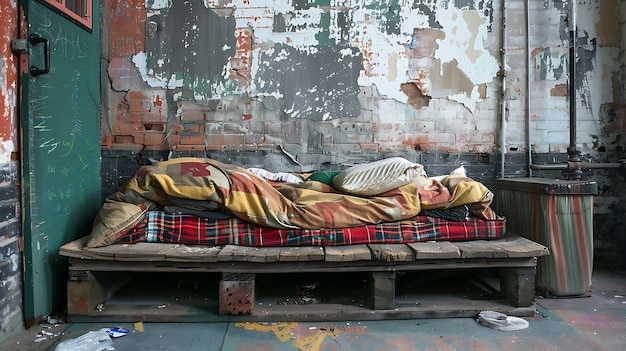 Un lit de sans-abri dans un bâtiment abandonné