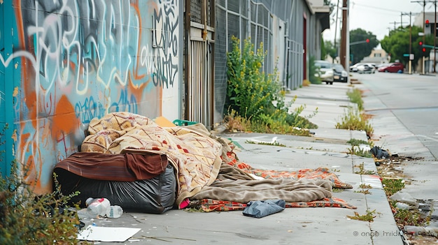 Un lit de sans-abri est abandonné sur un trottoir de la ville