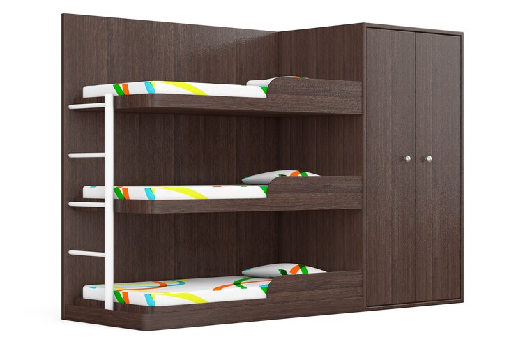 Photo lit superposé en bois sur fond blanc. rendu 3d
