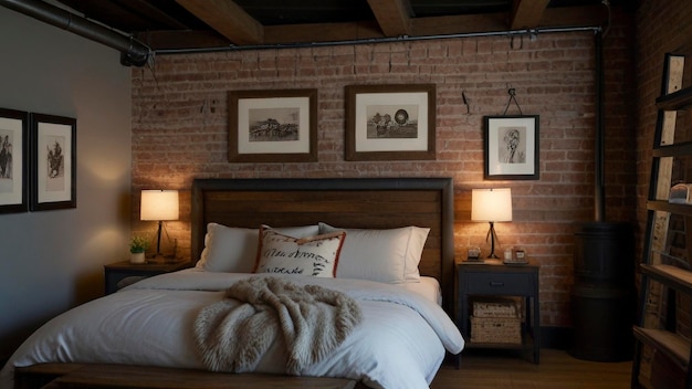 un lit avec une tête de bois et une photo d'une famille sur le mur