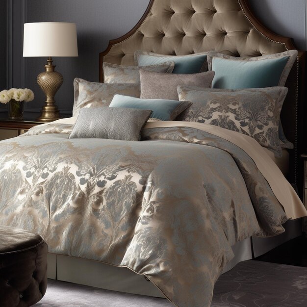 Photo un lit avec une tête de lit et une lampe avec un motif de feuille d'or.