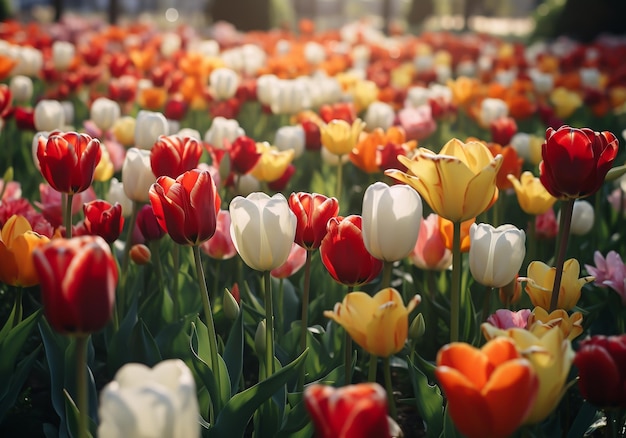 Lit de tulipes en fleurs Fleurs et plantes au printemps généré par l'IA