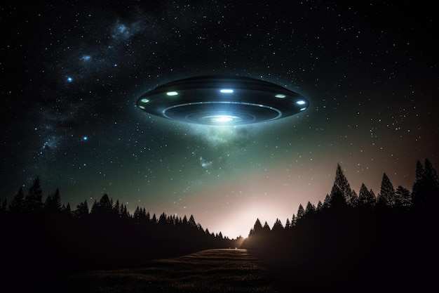 Lit ufo volant au-dessus du champ la nuit créé à l'aide de la technologie d'IA générative