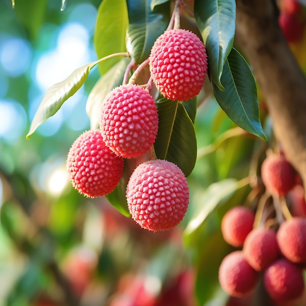 Photo des litchis frais sur l'arbre dans le jardin à la lumière du soleil