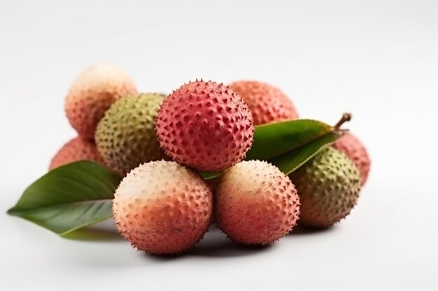 Litchis frais avec des feuilles sur fond blanc Fruits tropicaux