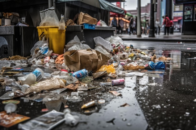 La litière débordant de la poubelle sur le trottoir