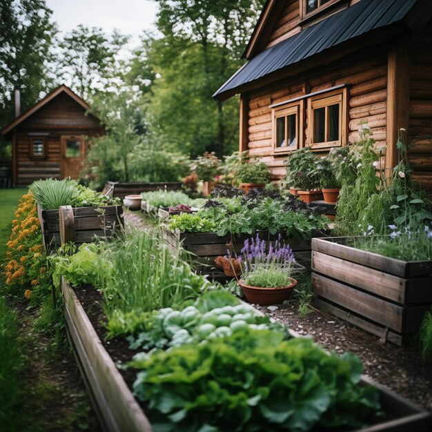 Photo des lits en bois dans des jardins modernes pour cultiver des plantes, des herbes, des épices et des légumes.