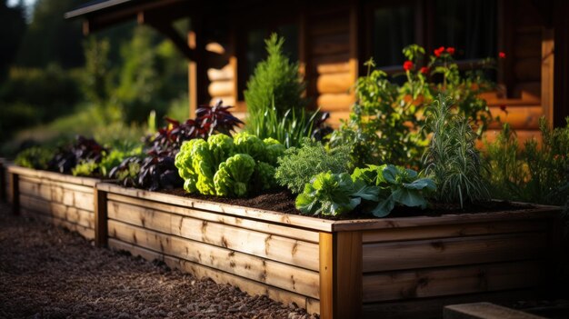 Des lits envahis dans un jardin urbain cultivant des plantes, des herbes, des épices et des légumes