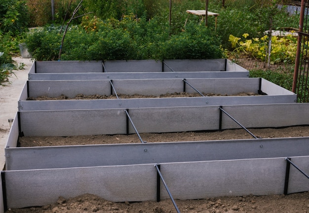 Lits rectangulaires dans le jardin faits de vos propres mains. Commodité dans la plantation de plantes. Lits en ardoise et métal.