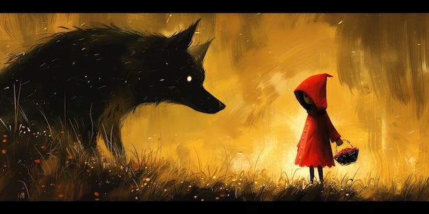 Photo little red riding hood se promène dans la forêt avec le grand loup méchant.