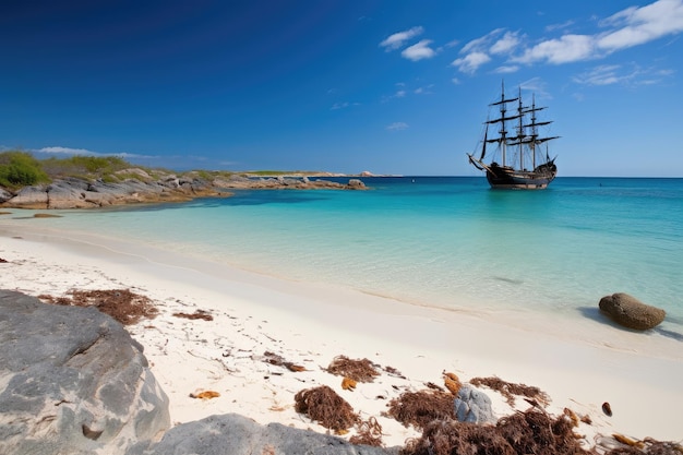 Littoral immaculé avec un bateau pirate ancré au loin