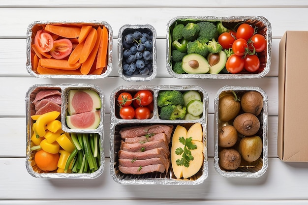 Livraison d'aliments sains à emporter pour le régime alimentaire Fitness nutrition légumes viande et fruits dans des boîtes en papier d'aluminium