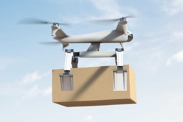 Livraison de colis à l'aide d'un drone volant. Déposer un colis à destination