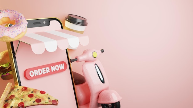 Livraison de commande de nourriture en ligne de rendu 3d sur illustration mobile avec scooter