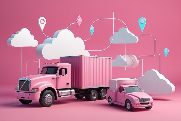 La livraison de l'expédition par camion et le pointeur d'épingle marquent l'emplacement avec le smartphone et la livraison en nuage concept de logistique de transport sur fond rose illustration de rendu 3D