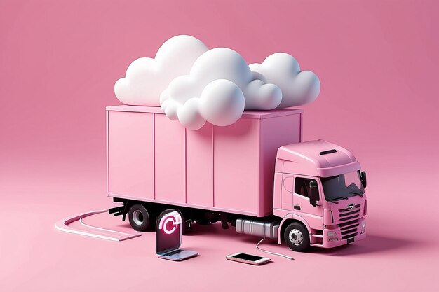 La livraison de l'expédition par camion et le pointeur d'épingle marquent l'emplacement avec le smartphone et la livraison en nuage concept de logistique de transport sur fond rose illustration de rendu 3D