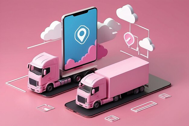 La livraison de l'expédition par camion et le pointeur d'épingle marquent l'emplacement avec le smartphone et la livraison en nuage concept de logistique de transport sur fond rose illustration de rendu 3D