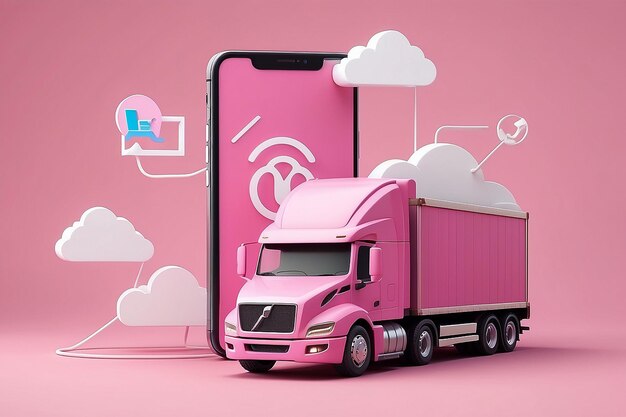Photo la livraison de l'expédition par camion et le pointeur d'épingle marquent l'emplacement avec le smartphone et la livraison en nuage concept de logistique de transport sur fond rose illustration de rendu 3d