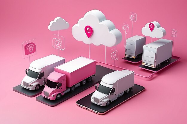 La livraison de l'expédition par camion et le pointeur d'épingle marquent l'emplacement avec le smartphone et la livraison en nuage concept de logistique de transport sur fond rose illustration de rendu 3D