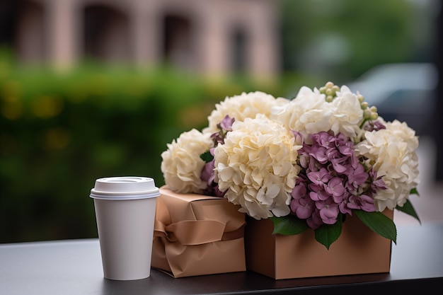 Photo livraison de fleurs et de café journée internationale de la femme journée des mères