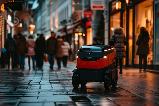 La livraison d'intelligence artificielle service de robot rouge conduisant en ville livrant de la nourriture