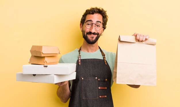 Livraison de jeune homme barbu à emporter concept