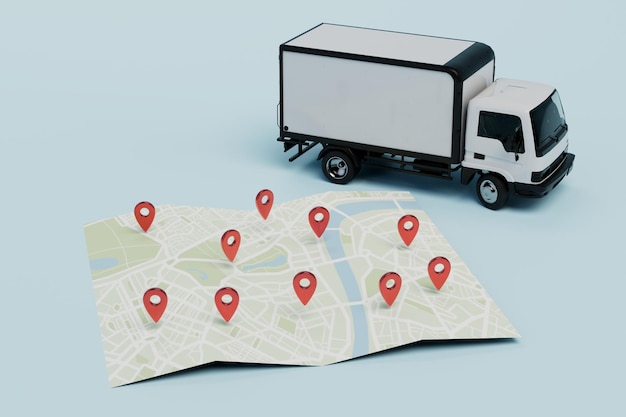 Livraison des marchandises aux adresses spécifiées camion et carte avec adresses marquées rendu 3D