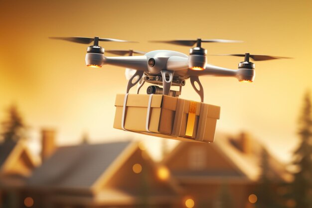 Photo livraison par drone multicopter livraison d'un colis à un client courrier maisons en arrière-plan expédition aérienne rapide livraison sans contact et sûre