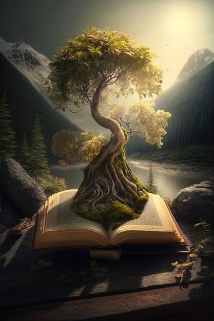 un livre avec un arbre qui en pousse et une rivière en arrière-plan