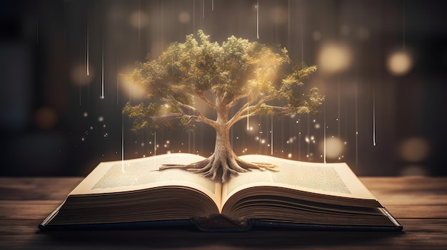 Un livre avec un arbre qui en sort