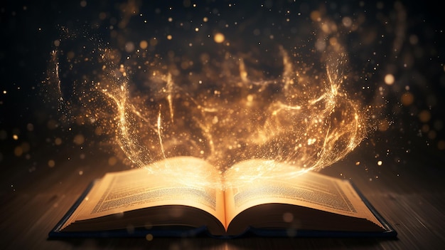 Un livre ou une Bible magique légendaire ouvrant avec une fée