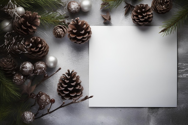 Livre blanc carré avec des cônes de pin et des sapins