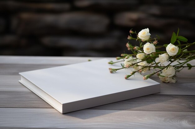 livre blanc et fleur à côté d'une table en bois