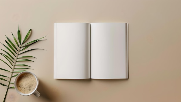 Livre blanc ouvert sur une surface beige avec une tasse de café et une feuille verte Design minimaliste et moderne parfait pour les maquettes et les présentations AI