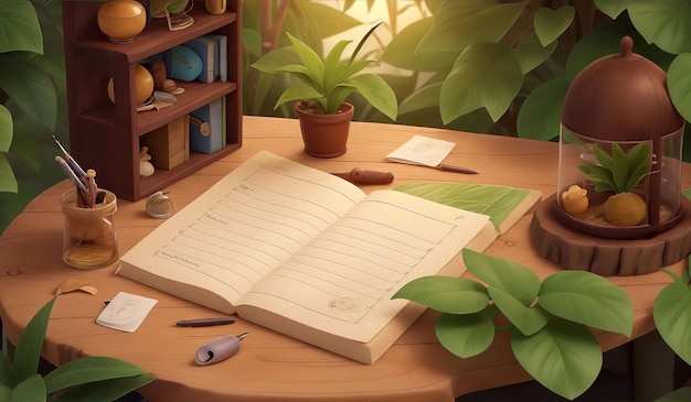 Livre blanc avec stylo sur une table en bois dans le fond de la jungle