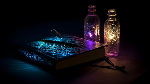 Un livre et une bouteille d'eau sont éclairés d'une lumière bleue.
