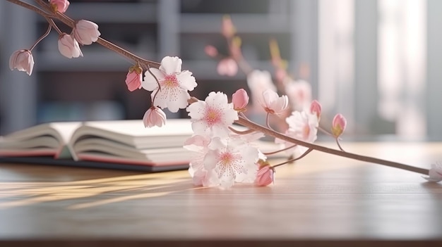 Un livre et une branche de fleurs de cerisier sur une table