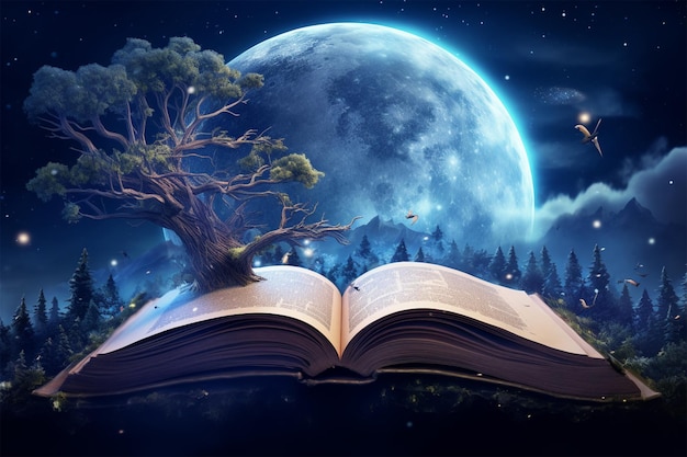 Photo un livre brillant au-dessus de lui est une lune