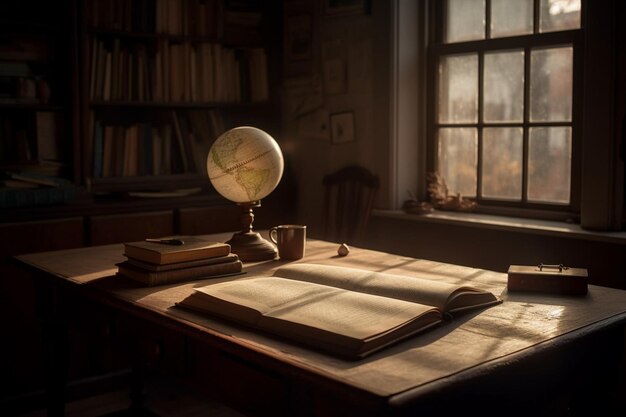 Un livre sur un bureau avec un globe dessus